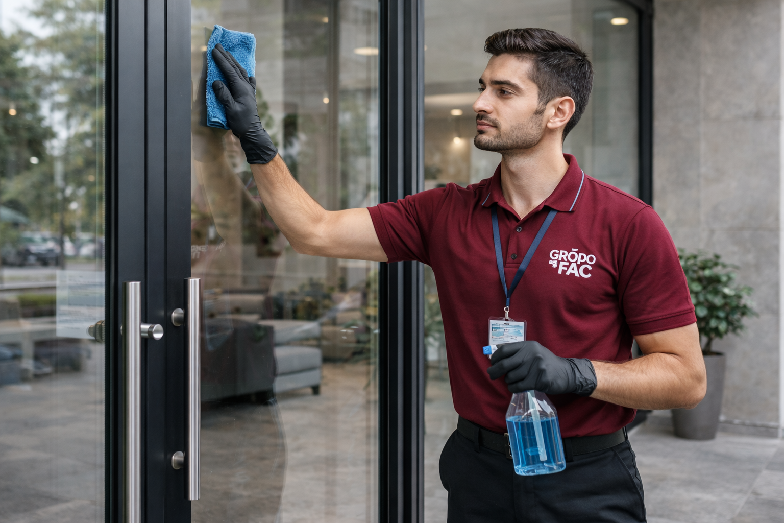 Empleado de Grupo FAC limpiando los vidrios del ingreso de un edificio